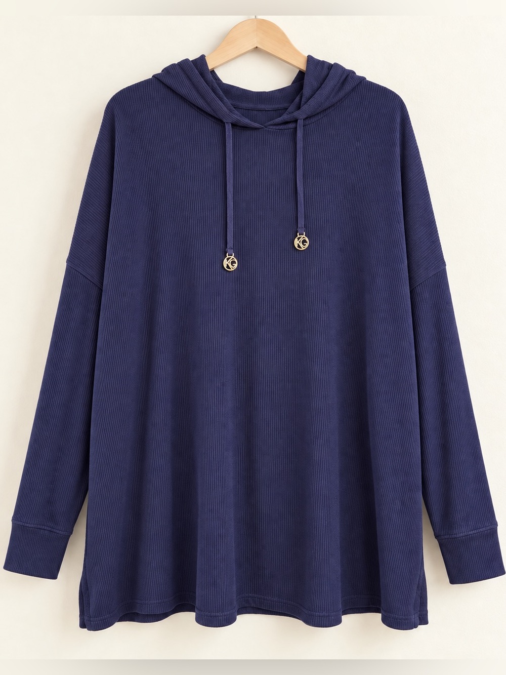 Belle Kim Gravel Oversized Navy Ribbed Hoodie Pullover Sweatshirt EUC XL #2412